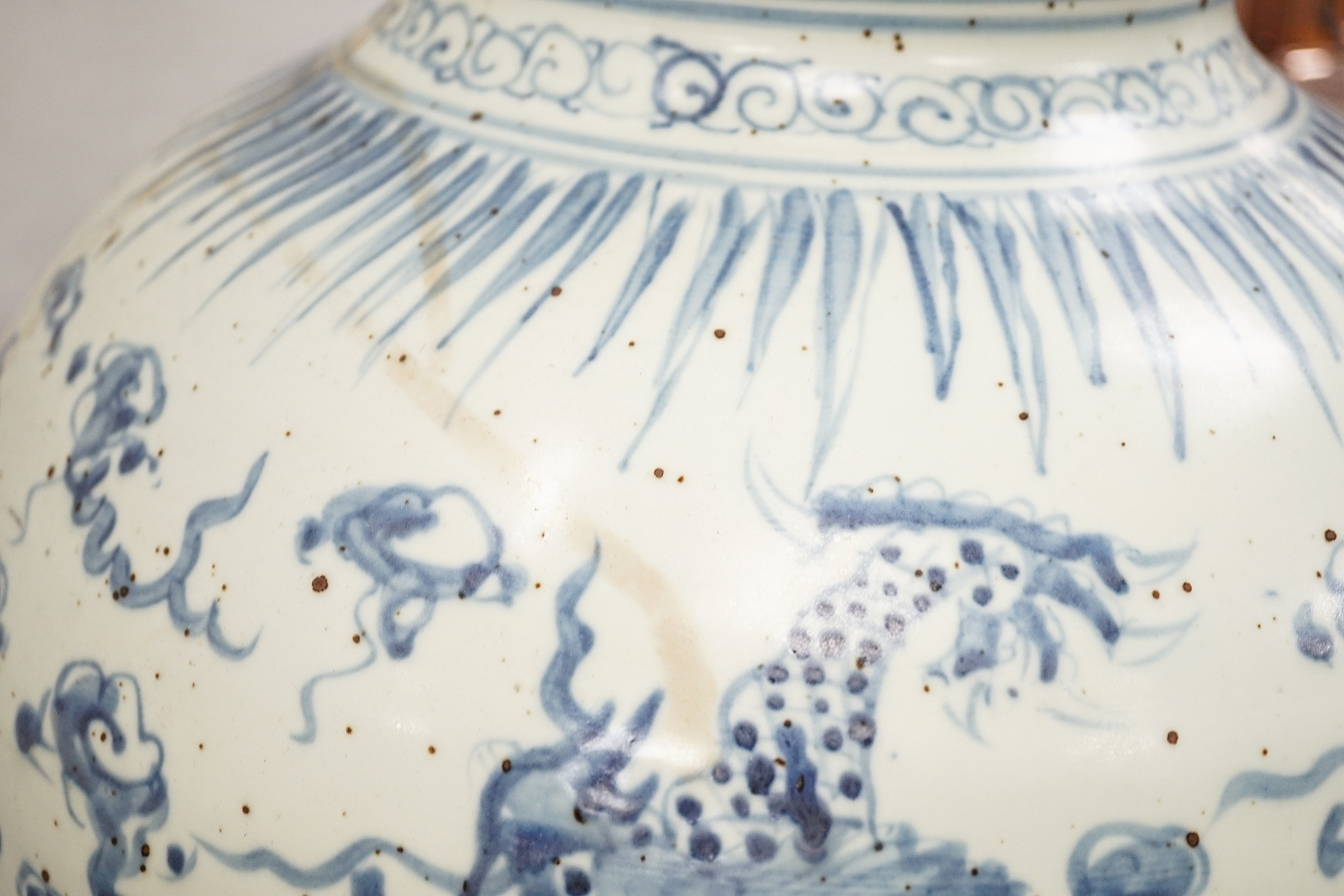 A large Chinese blue and white 'dragon' double gourd vase, 64cm high and an Annamesse style blue and white crackle glaze jar